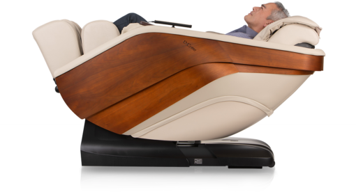 DCore Stratus Cream Full Reclining Massage Chair at 90 Degrees Left with Male Model