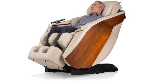 DCore Stratus Cream Reclining Massage Chair at 45 Degrees with Male Model
