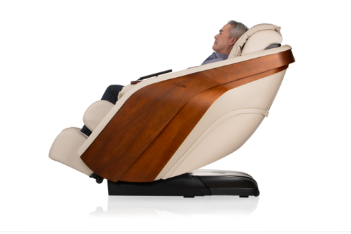 DCore Stratus Cream Reclining Massage Chair with Male Model