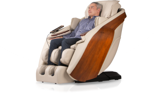 DCore Stratus Cream Upright Massage Chair 45 Degree Left with Model View