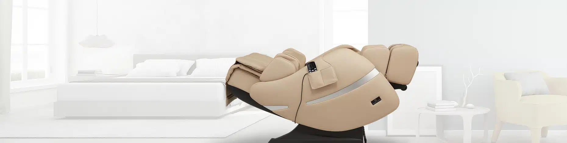 Beige massage chair reclined in a white room