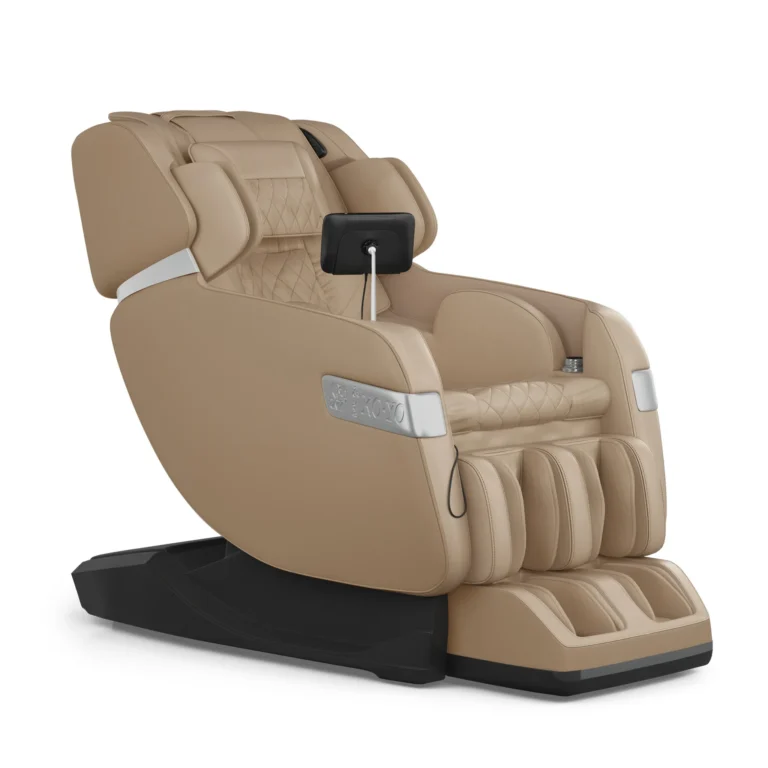Koyo 303TS beige full body 4D heated zero gravity massage chair shown in an upright 45-degree view.
