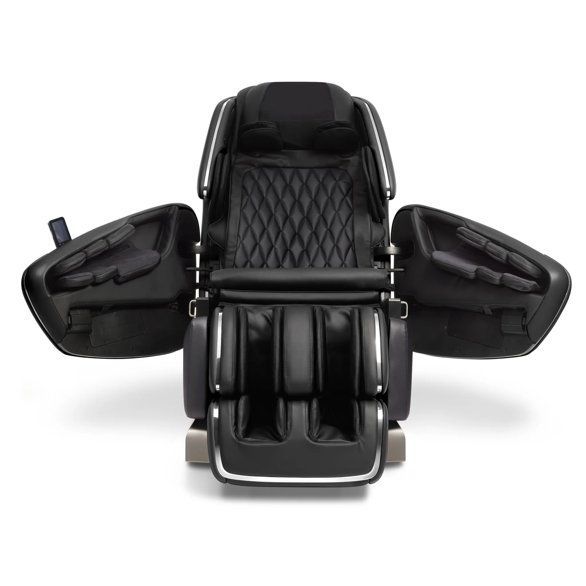 OHCO MDX black full-body 4D heated zero-gravity massage chair shown from the front with the side doors open.