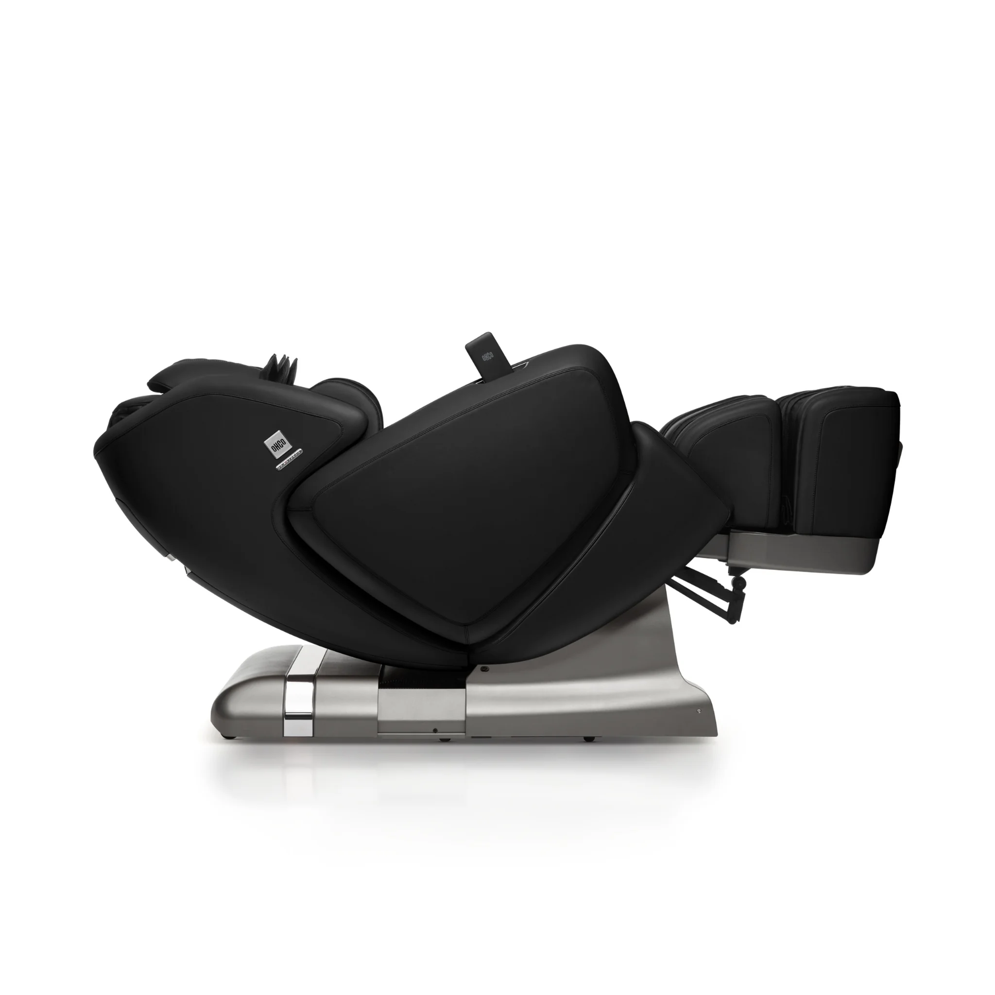 OHCO MDX black full-body 4D heated zero-gravity massage chair fully reclined in a lay-flat position.