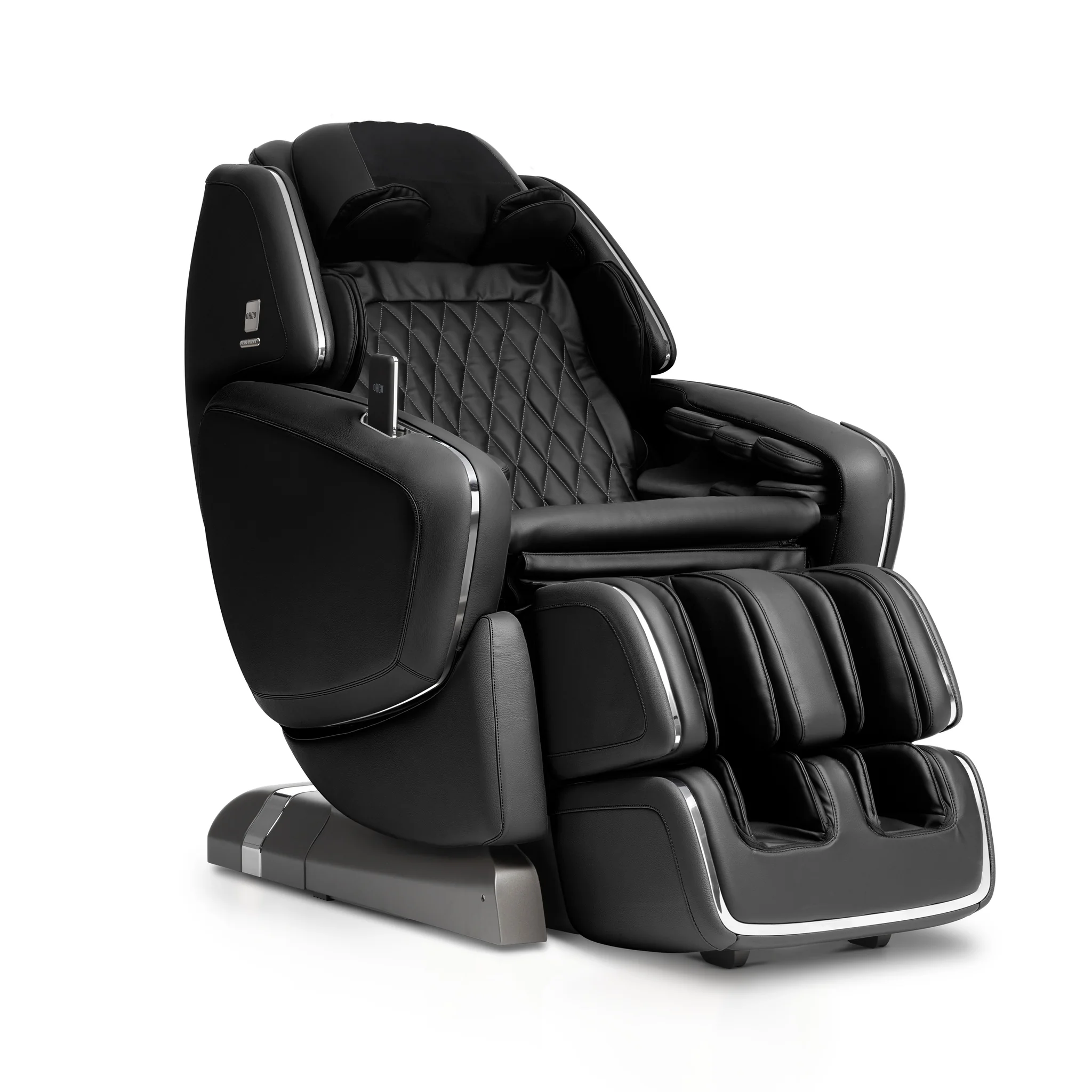 OHCO MDX black full-body 4D heated zero-gravity massage chair shown from a right-angled side profile.