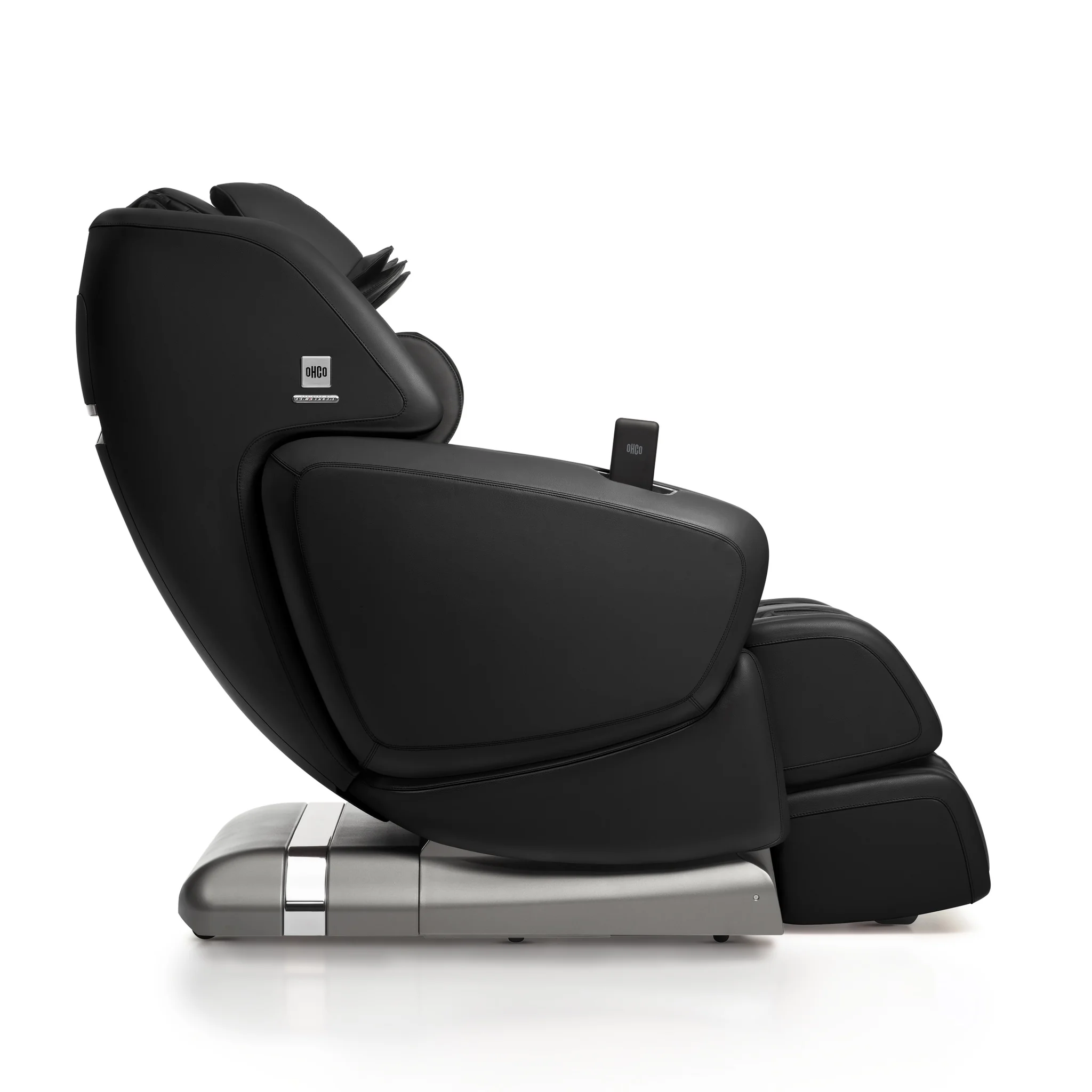 OHCO MDX black full-body 4D heated zero-gravity massage chair viewed in a clean side profile.