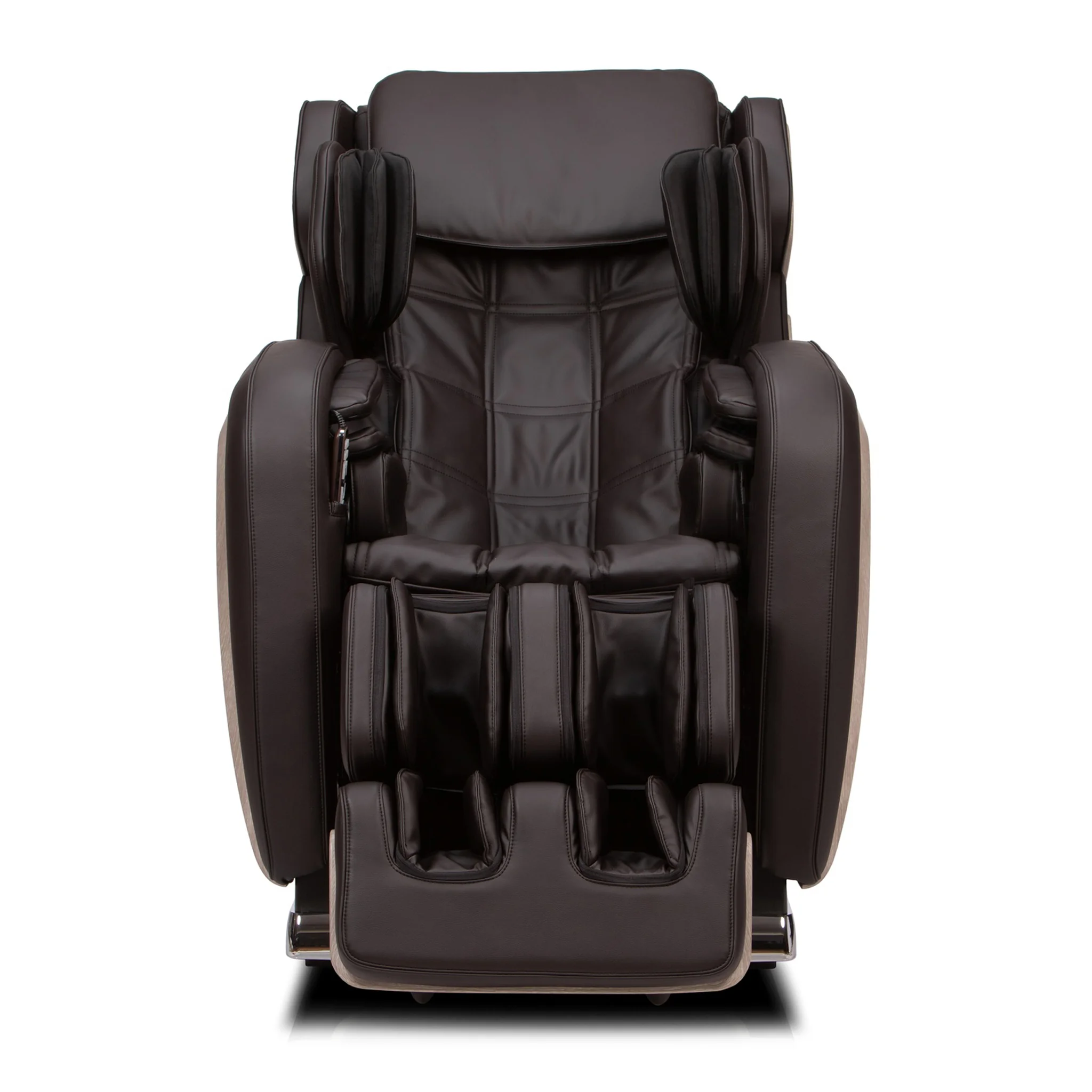 OHCO R6 mocha zero gravity full body 4D heated massage chair shown upright in a straight-on front view.OHCO R6 jet zero gravity full body 4D heated massage chair shown upright at an angled front view.