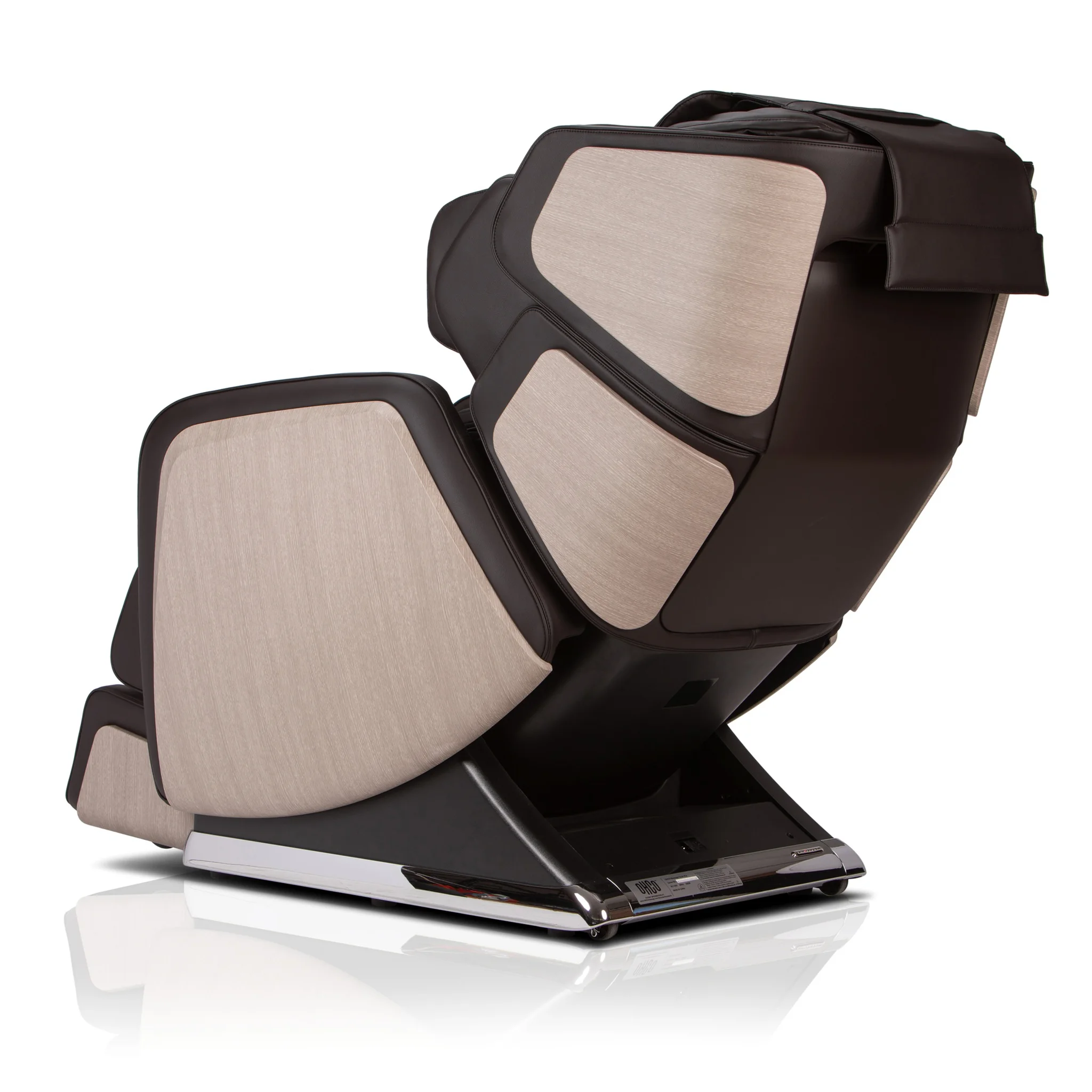 OHCO R6 mocha zero gravity full body 4D heated massage chair shown upright at a 135-degree angle.