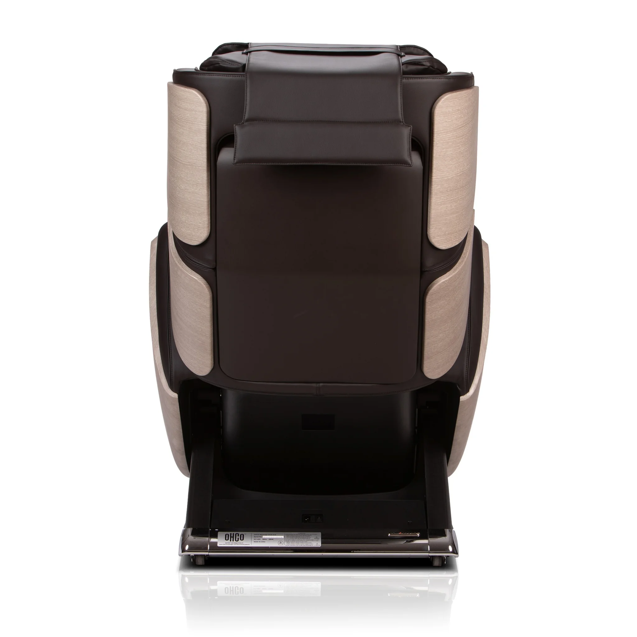 OHCO R6 mocha zero gravity full body 4D heated massage chair shown upright at a 180-degree angle.