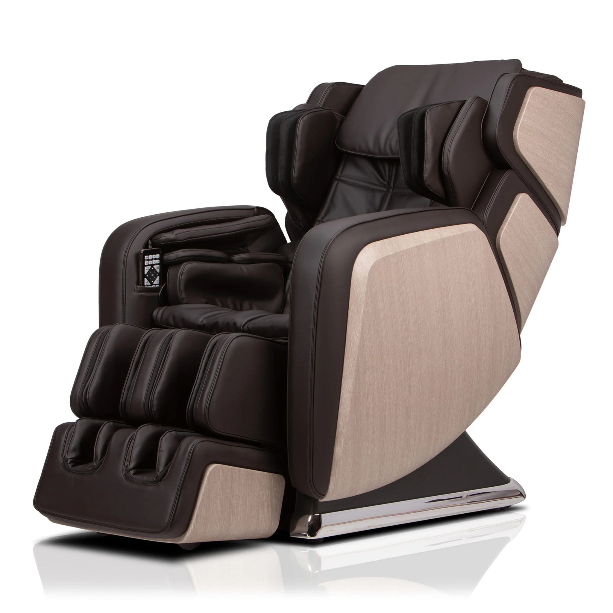 OHCO R6 mocha zero gravity full body 4D heated massage chair shown upright at a 45-degree angle.