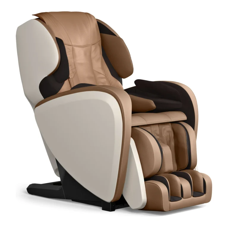 Panasonic MAF1 latte brown 4D full body heated massage chair in an upright 45-degree angle view.