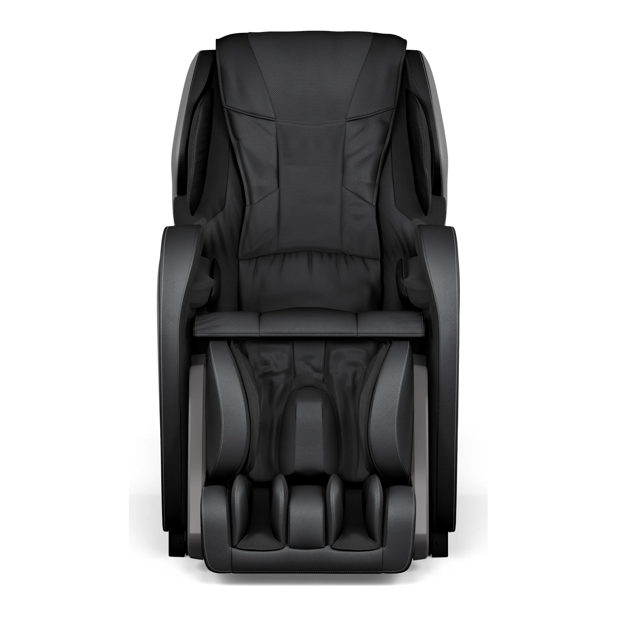 Panasonic MAF1 midnight black 4D full body heated massage chair displayed in an upright straight-on view.