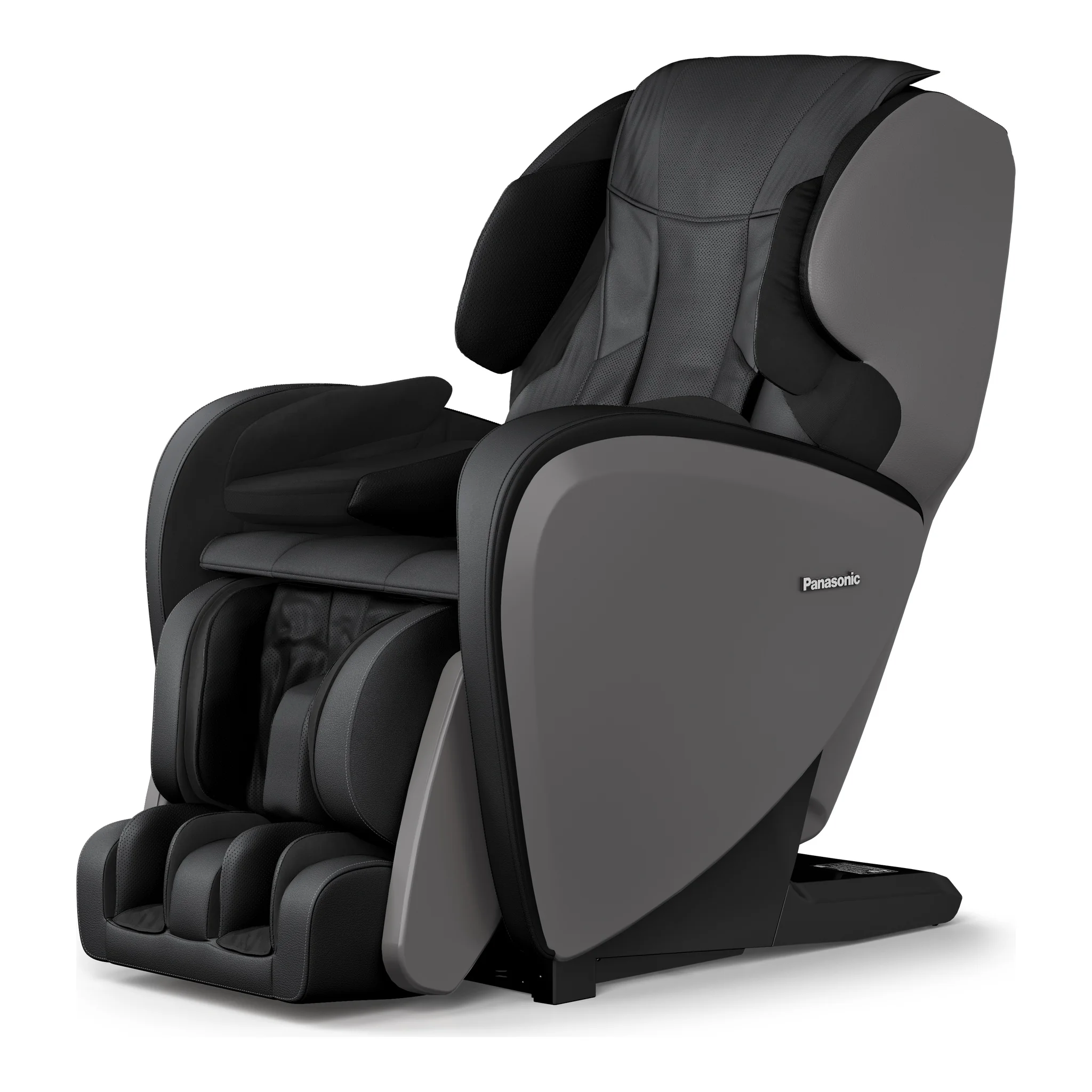 Panasonic MAF1 midnight black 4D full body heated massage chair shown upright at a 315-degree angle.