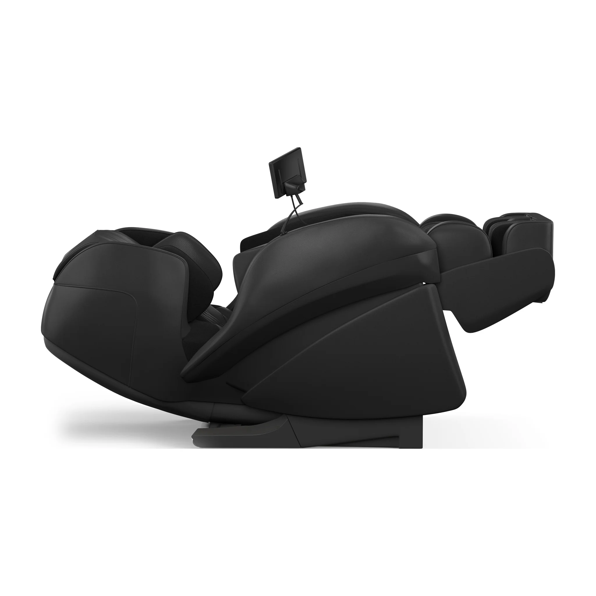 Panasonic MAK1 black zero gravity full body heated shiatsu massage chair shown in a 90-degree left profile view.
