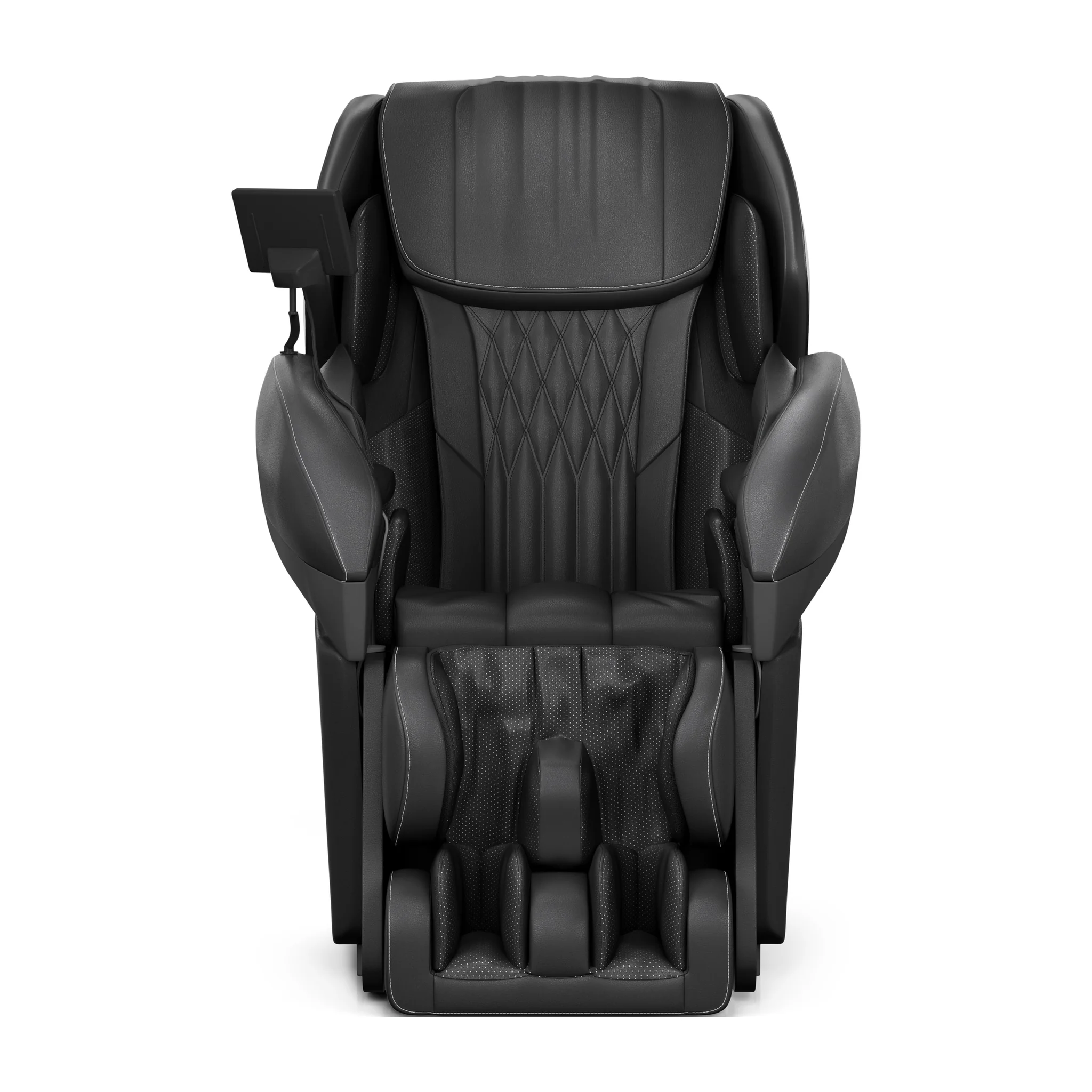 Panasonic MAK1 black zero gravity full body heated shiatsu massage chair displayed in an upright straight-on view.