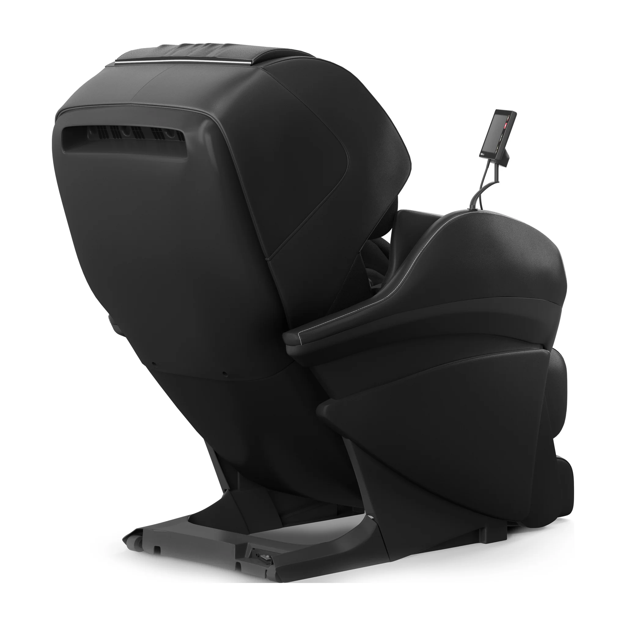 Panasonic MAK1 black zero gravity full body heated shiatsu massage chair shown upright at a 135-degree angle.