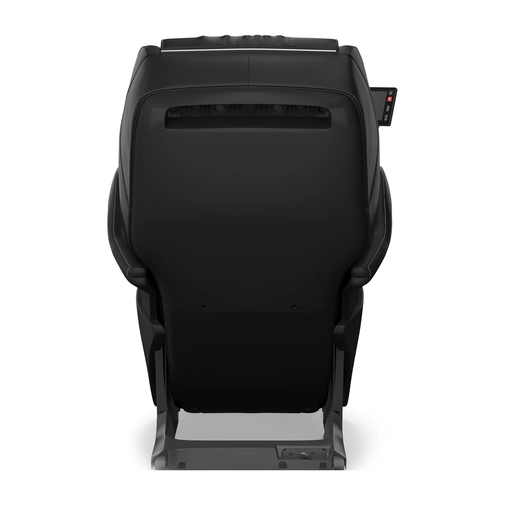 Panasonic MAK1 black zero gravity full body heated shiatsu massage chair displayed upright from a 180-degree back angle.