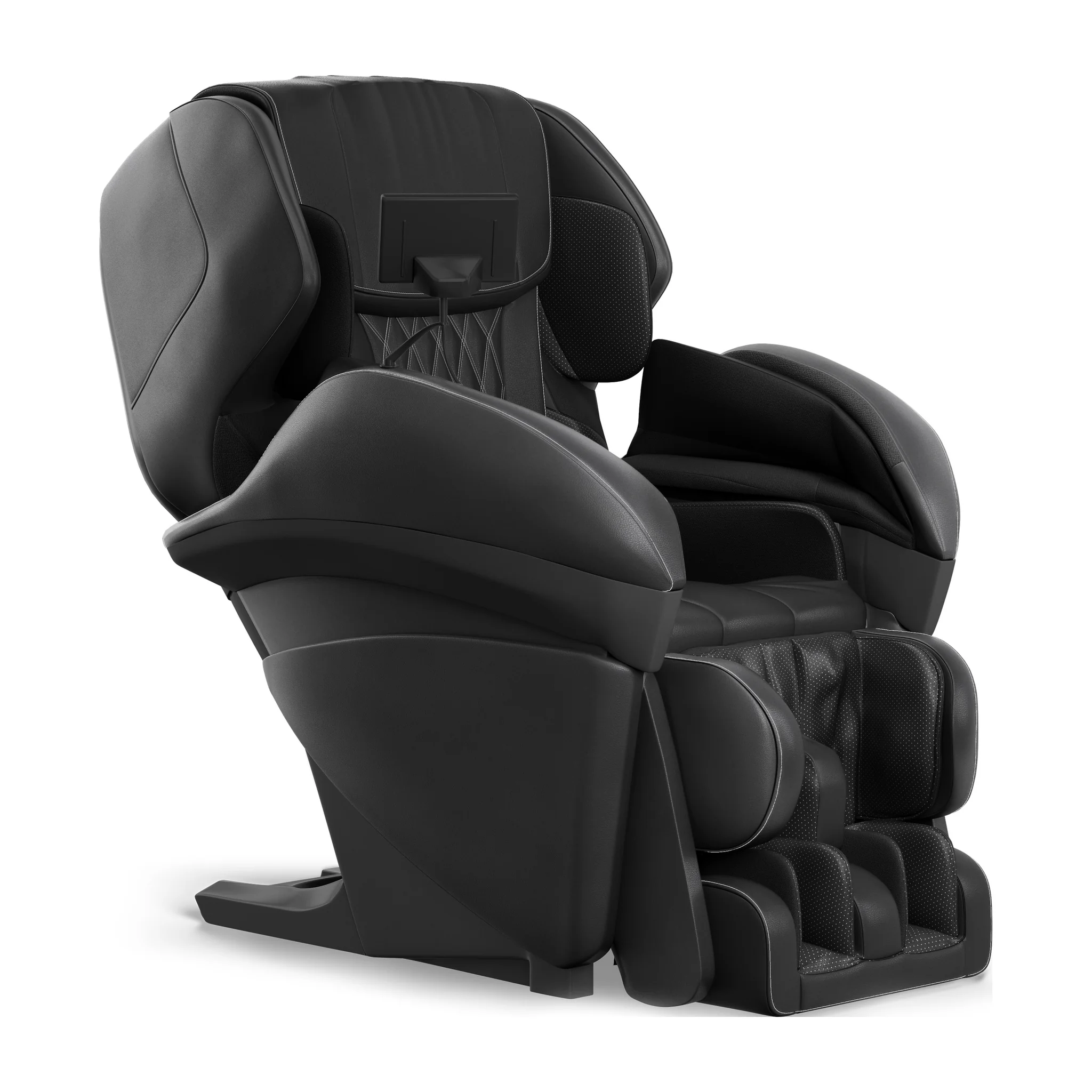 Panasonic MAK1 black zero gravity full body heated shiatsu massage chair shown upright at a 45-degree angle.