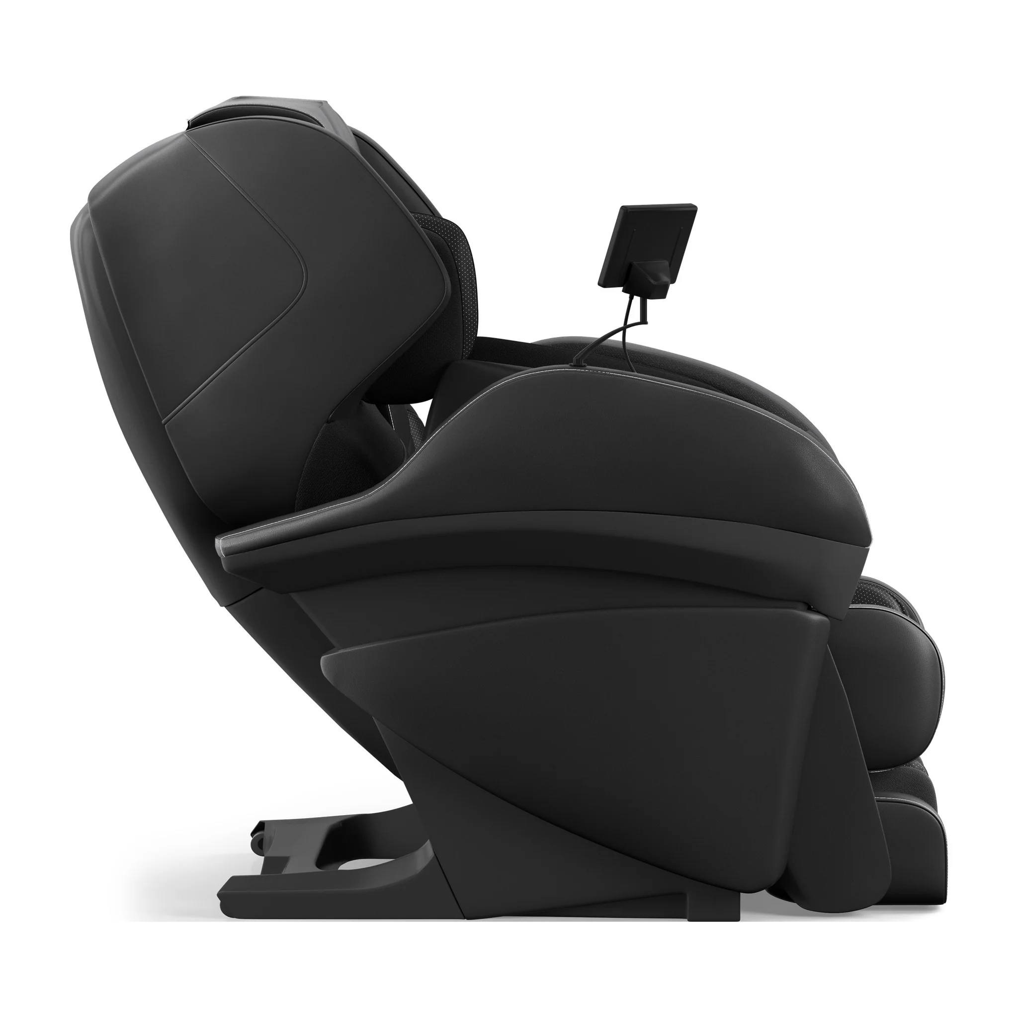 Panasonic MAK1 black zero gravity full body heated shiatsu massage chair shown upright from a 90-degree left profile.