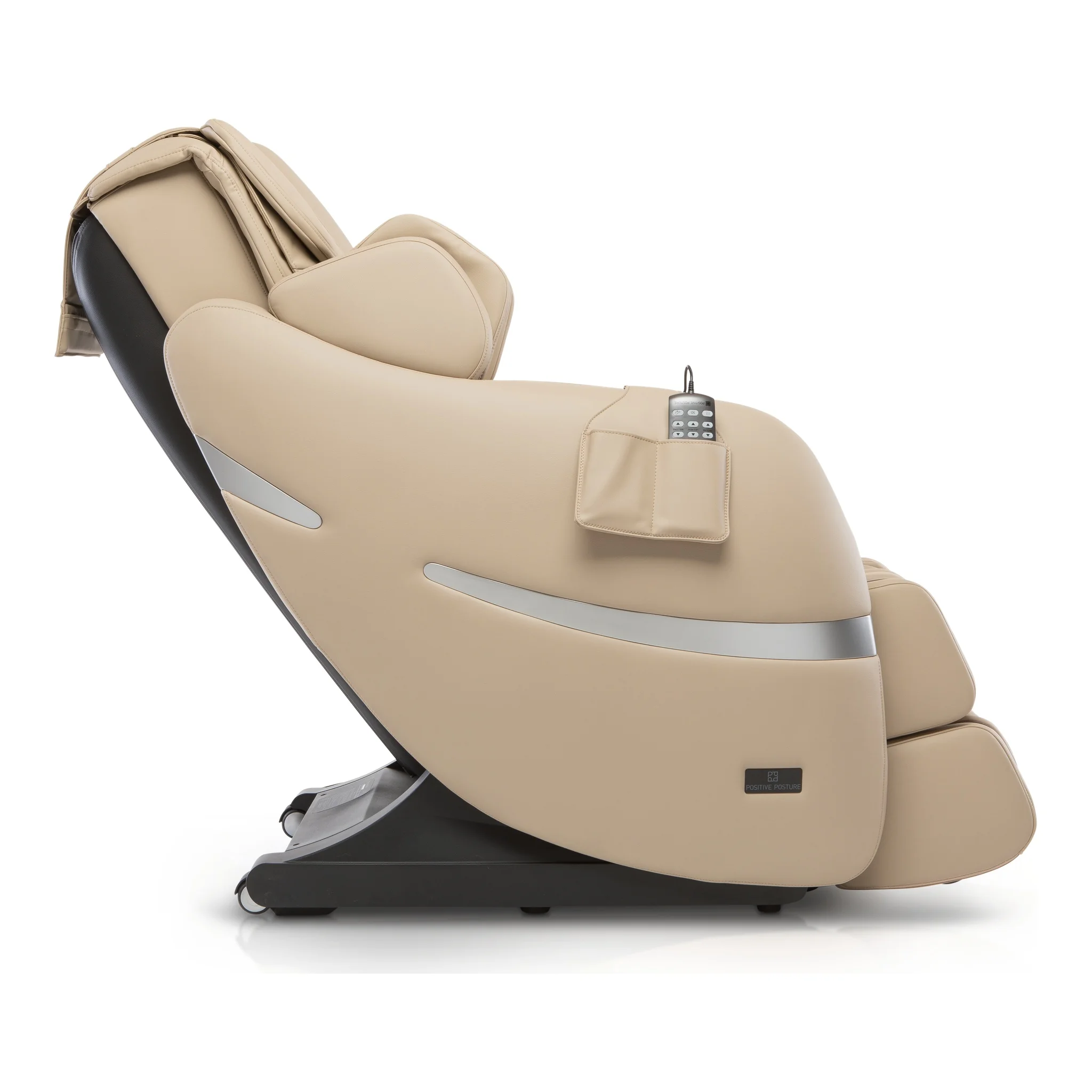Positive Posture Brio Plus beige zero gravity full body 4D heated massage chair shown from a 90-degree left profile.