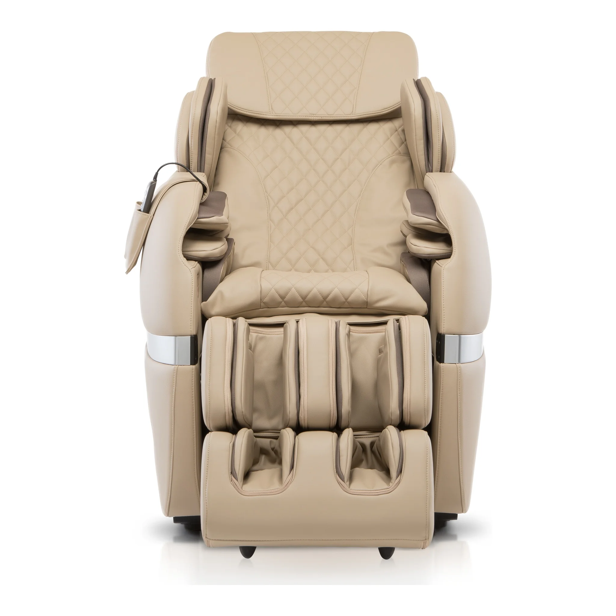 Positive Posture Brio Plus beige zero gravity full body 4D heated massage chair shown in a straight-on front view.