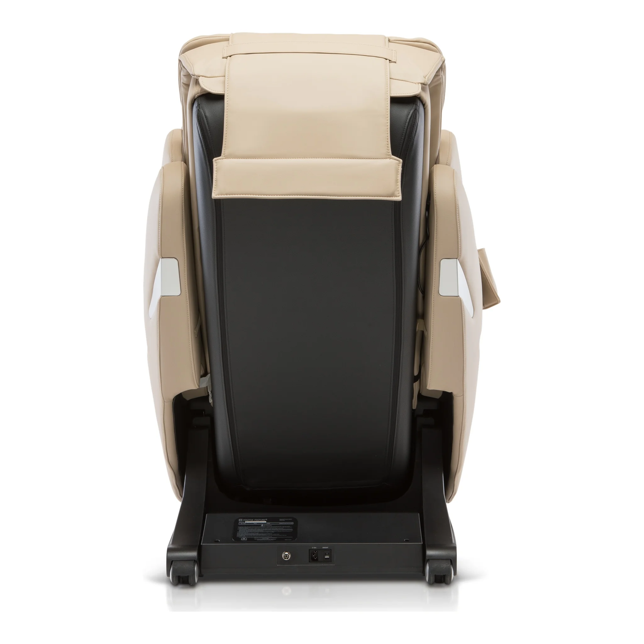 Positive Posture Brio Plus beige zero gravity full body 4D heated massage chair shown upright from a 180-degree back view.