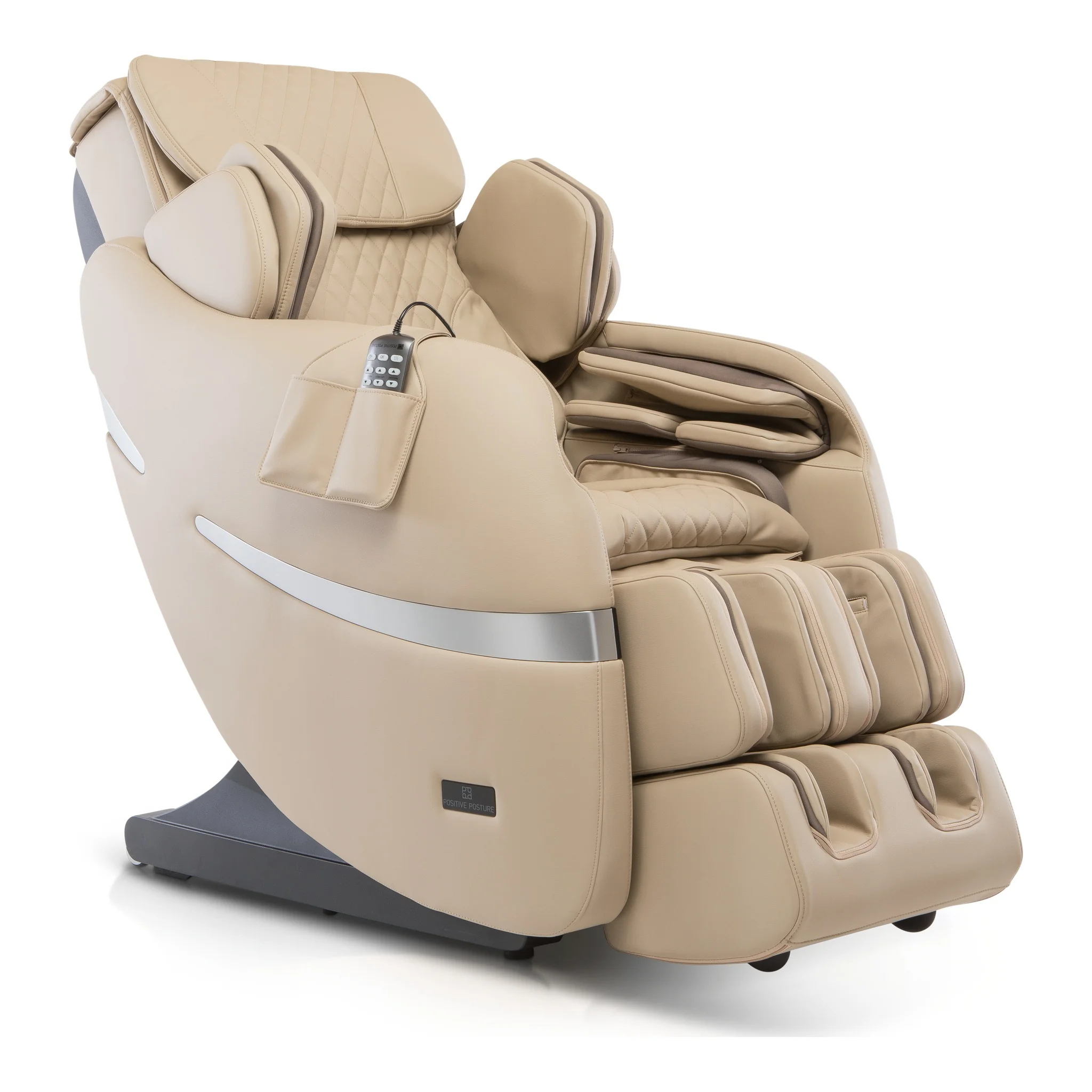 Positive Posture Brio Plus beige zero gravity full body 4D heated massage chair shown upright at a 45-degree angle.