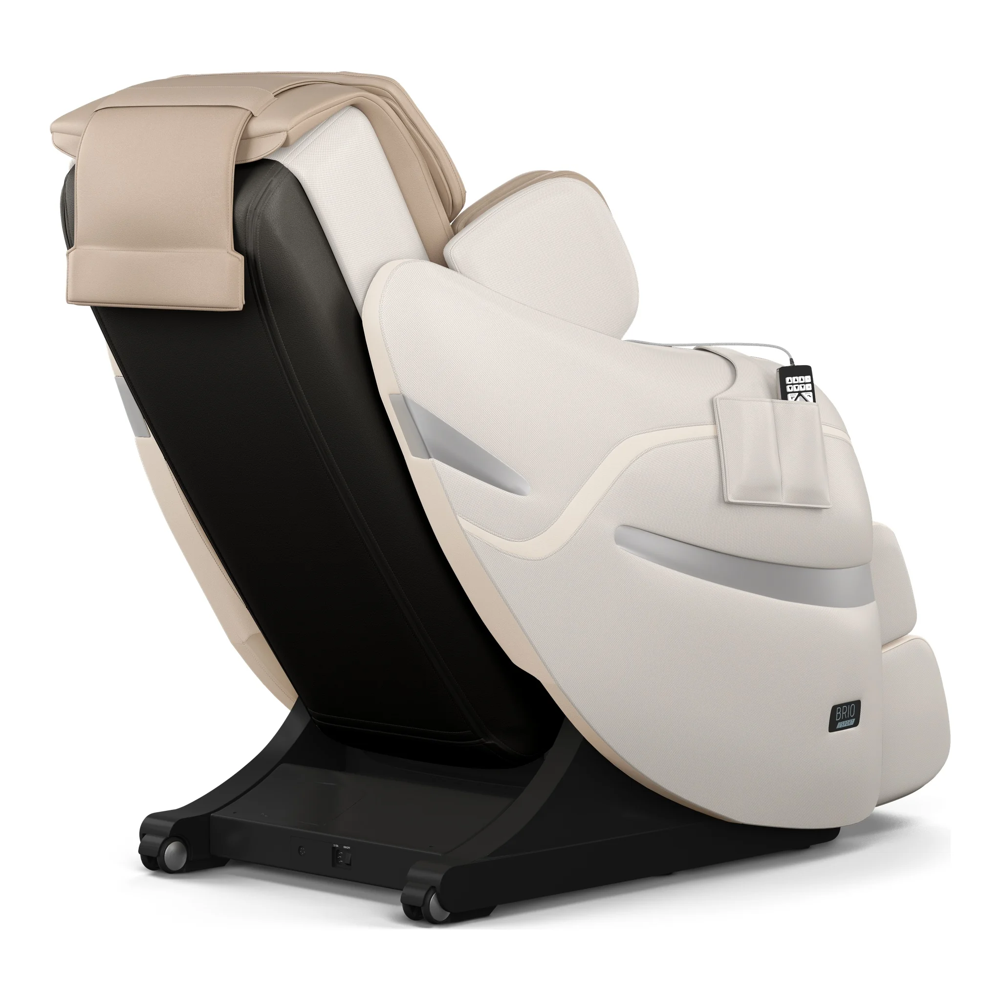 Positive Posture Brio Sport beige zero gravity full body 4D heated massage chair shown at a 135-degree angle.