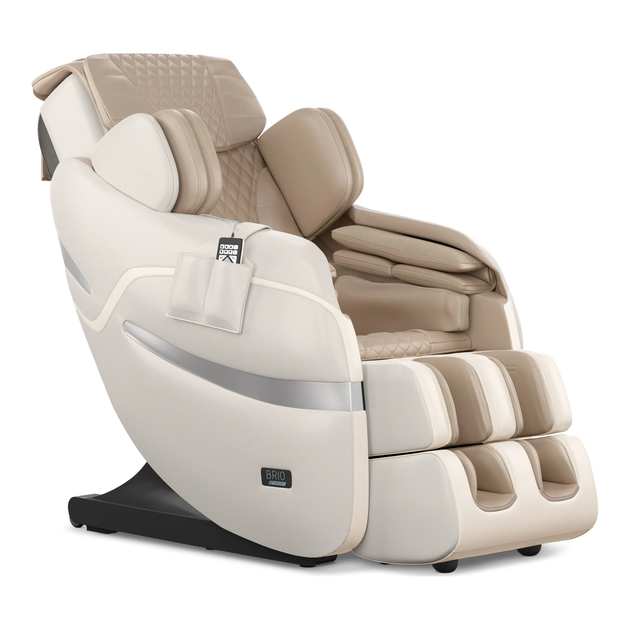 Positive Posture Brio Sport beige zero gravity full body 4D heated massage chair shown at a 45-degree angle.