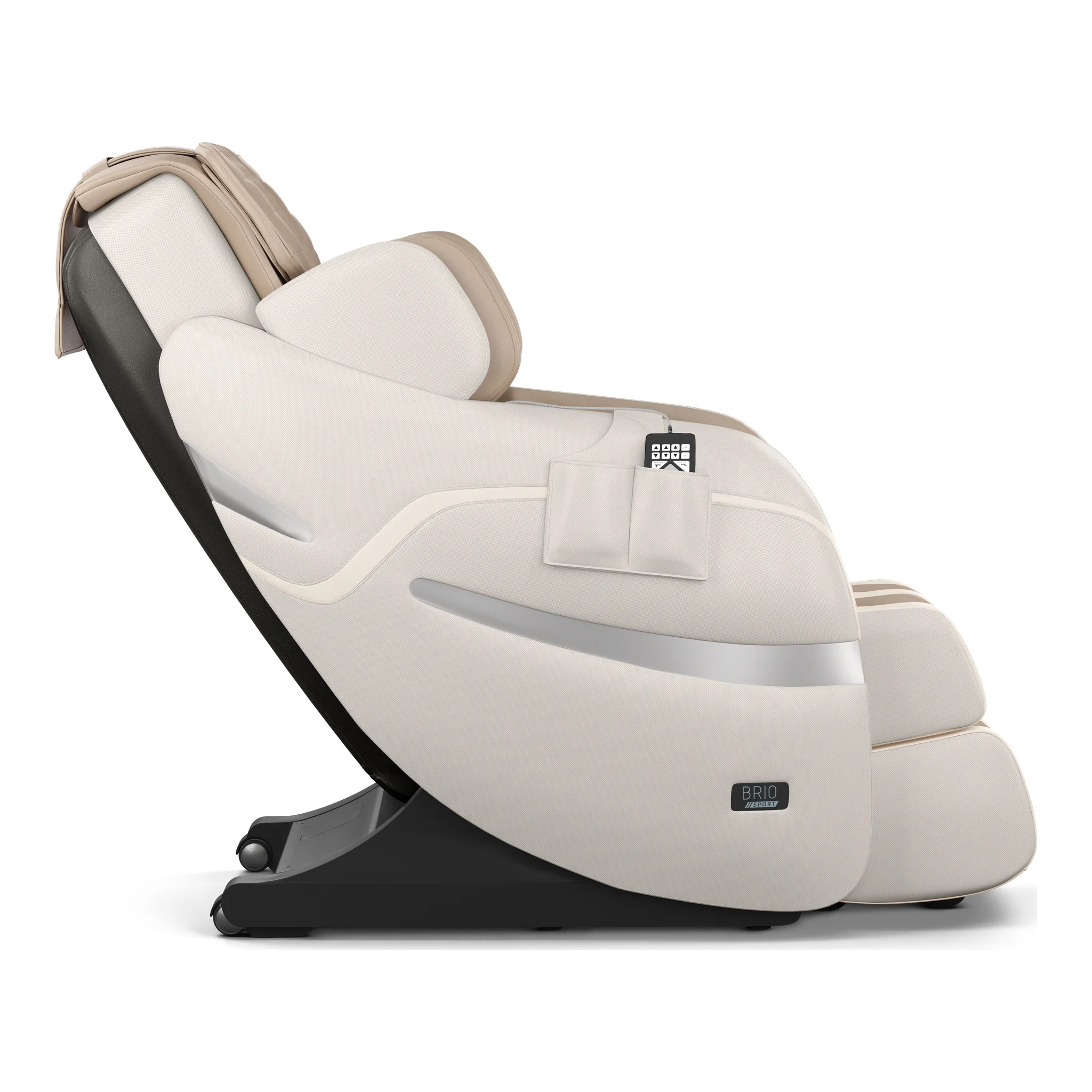 Positive Posture Brio Sport beige zero gravity full body 4D heated massage chair shown at a 90-degree angle.