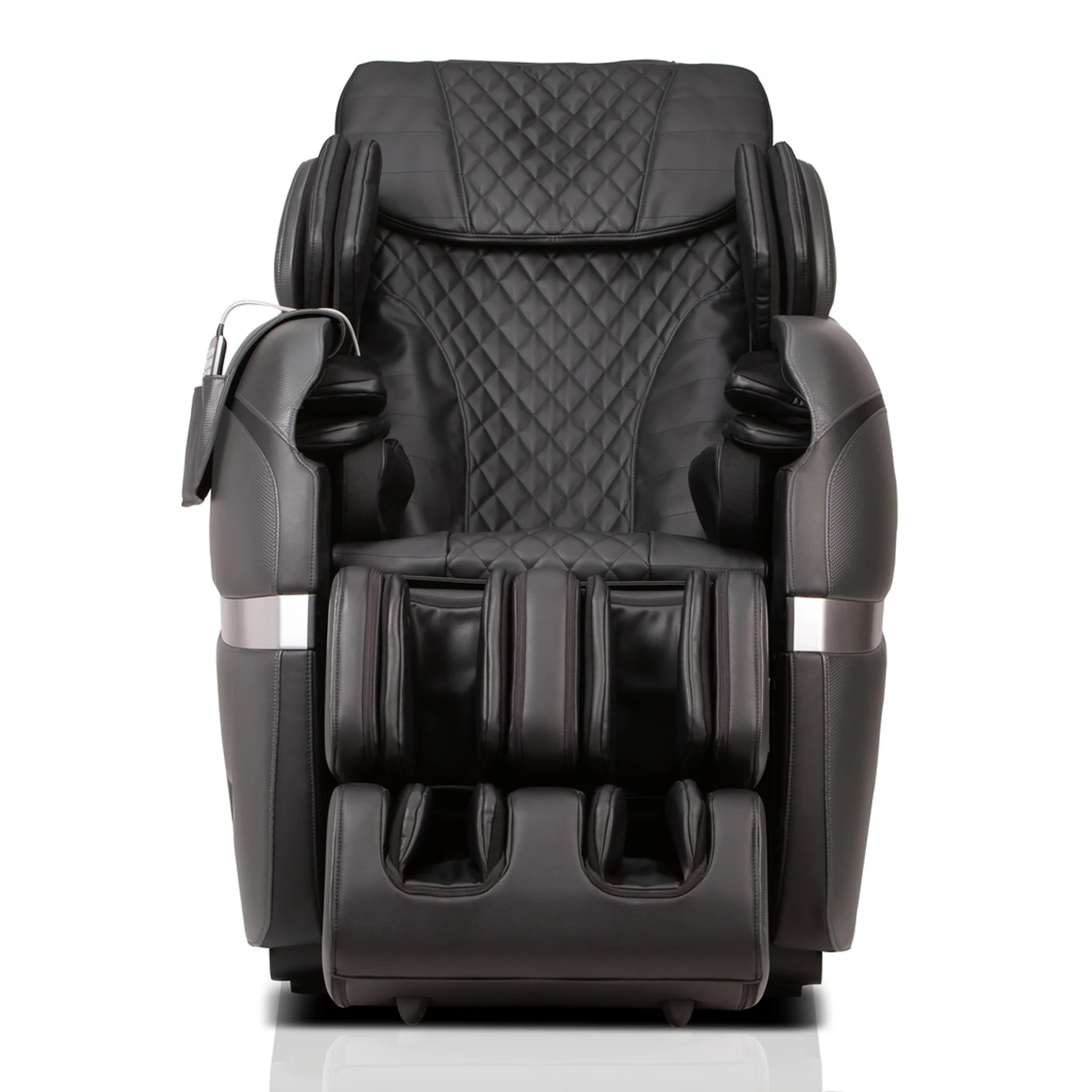 Positive Posture Brio Sport graphite zero gravity full body 4D heated massage chair shown in a straight-on front view.