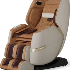 Positive Posture Solara butterscotch heated massage chair in an upright position, viewed from a left-front angle.