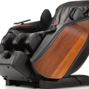 D.Core Stratus black full-body massage chair in a partially reclined position, viewed from a 45-degree angle.