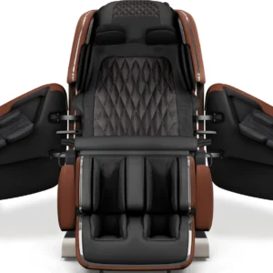 OHCO M8 NEO walnut zero-gravity massage chair in an upright position with side doors open.
