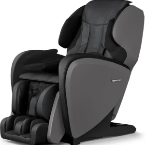 Panasonic MAF1 midnight black 4D massage chair in an upright position, viewed from a 315-degree angle.