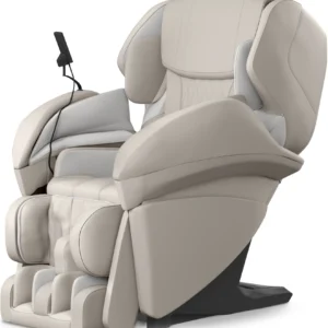 Panasonic MAK1 ivory zero-gravity massage chair in an upright position, shown from a 315-degree angle.