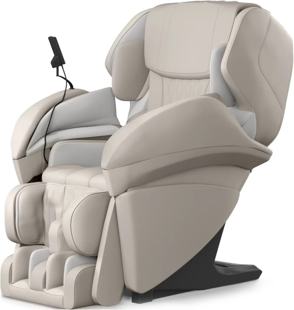 Panasonic MAK1 ivory zero-gravity massage chair in an upright position, shown from a 315-degree angle.