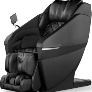 Panasonic MAN1 black zero-gravity massage chair in an upright position, viewed from a 315-degree front-right angle.