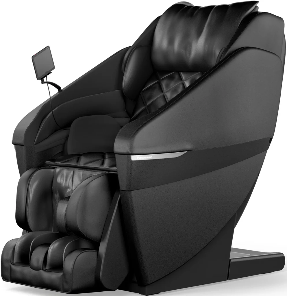 Panasonic MAN1 black zero-gravity massage chair in an upright position, viewed from a 315-degree front-right angle.