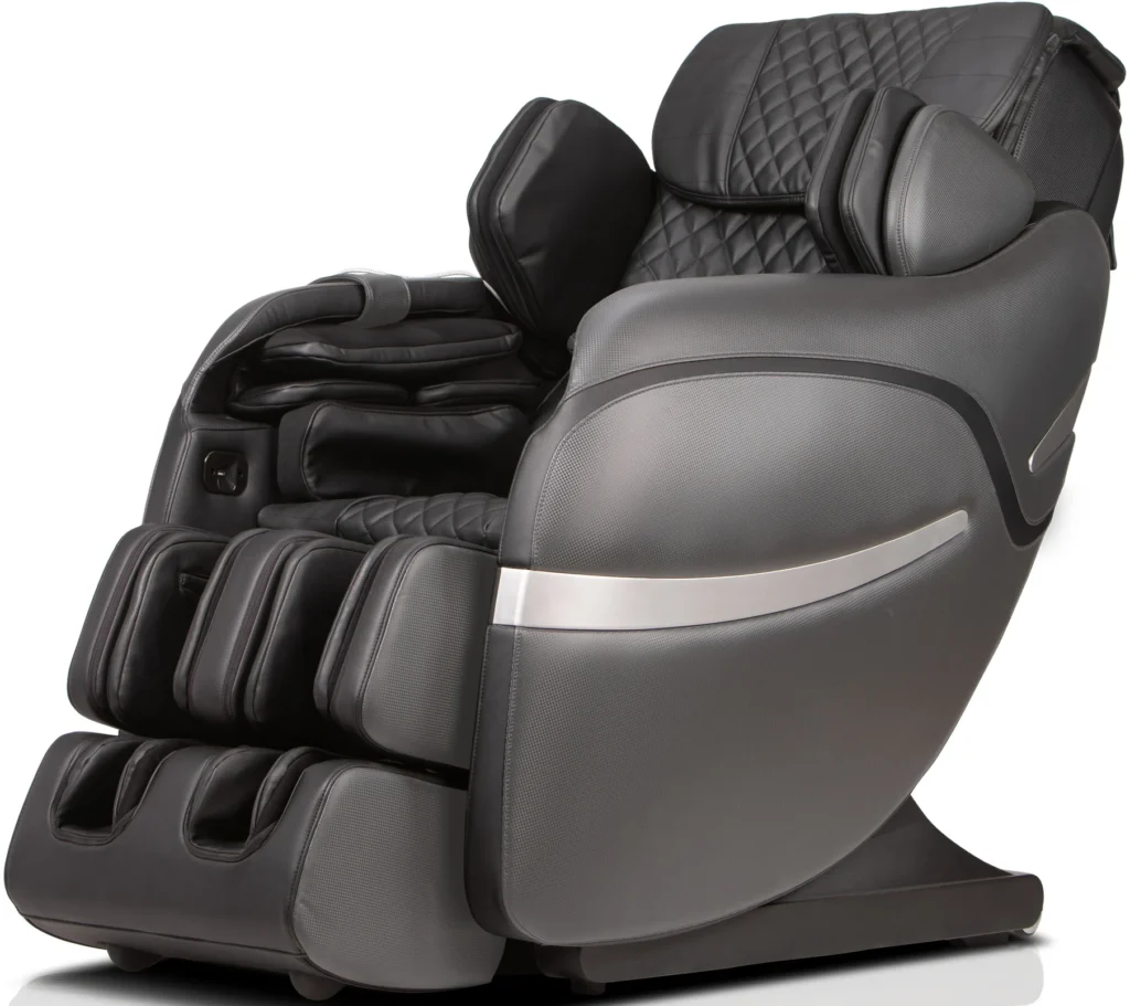 Positive Posture Brio Sport graphite zero-gravity massage chair viewed from a 315-degree angle.