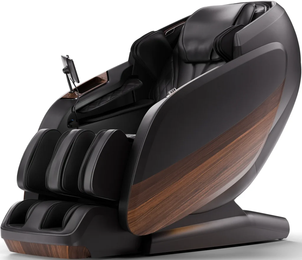 Positive Posture DualTech Pro AI charcoal 4D massage chair in an upright position, shown from a 45-degree front angle.