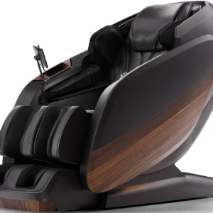 Positive Posture DualTech Pro AI charcoal 4D massage chair in an upright position, shown from a 45-degree front angle.