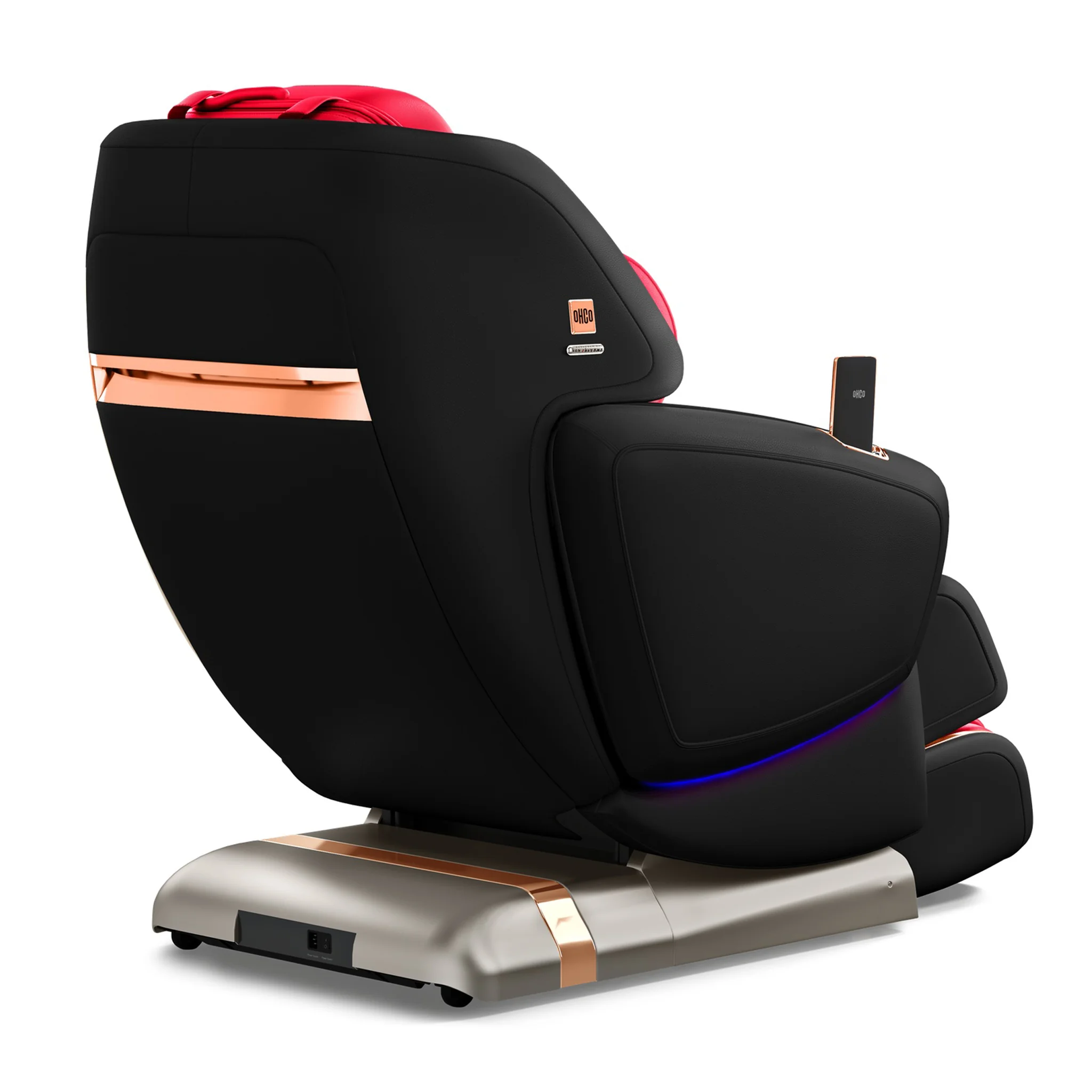 OHCO M8 NEO LE Rosso Nero zero gravity full body 4D heated massage chair shown upright at a 135-degree angle.
