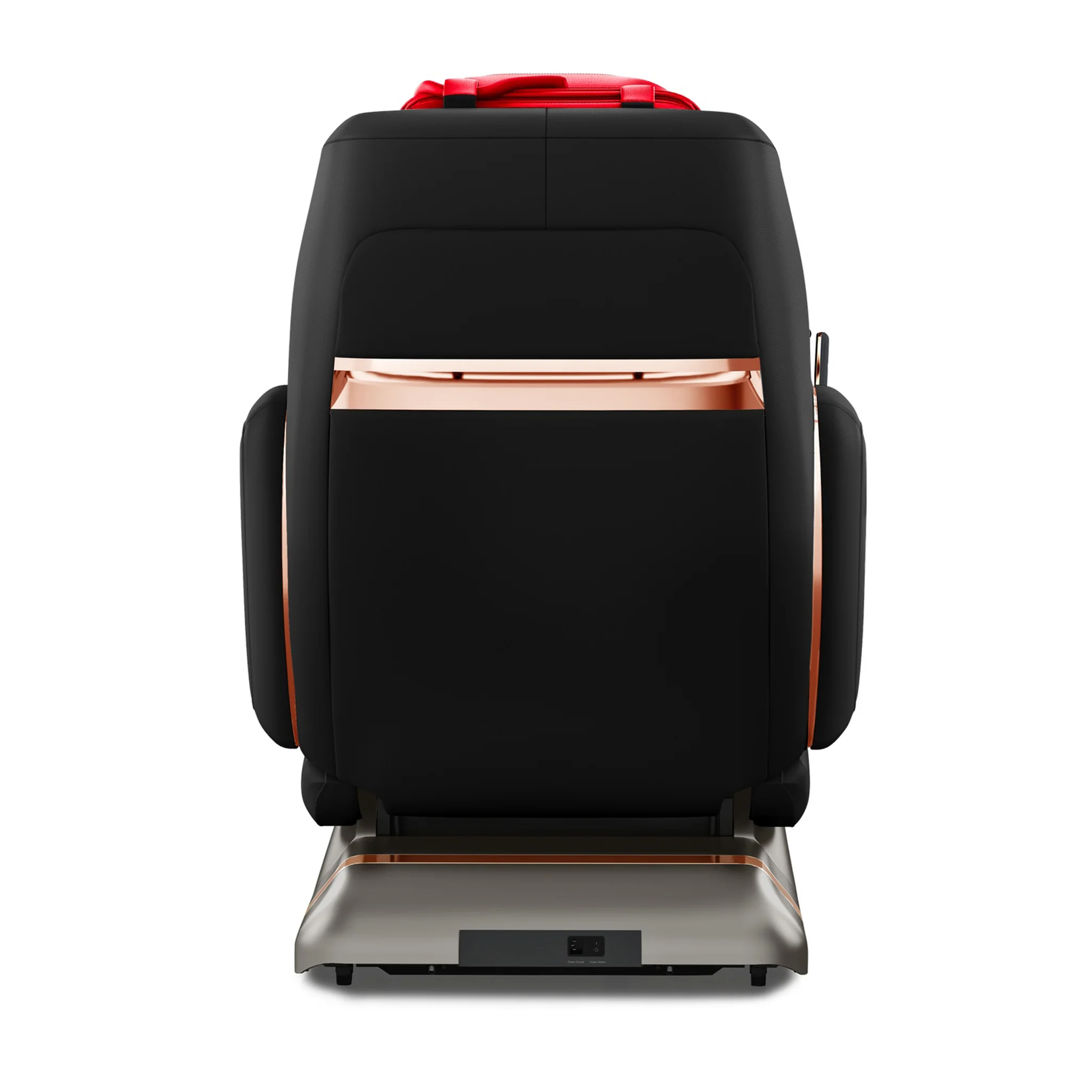 OHCO M8 NEO LE Rosso Nero zero gravity full body 4D heated massage chair shown upright from a 180-degree back view.