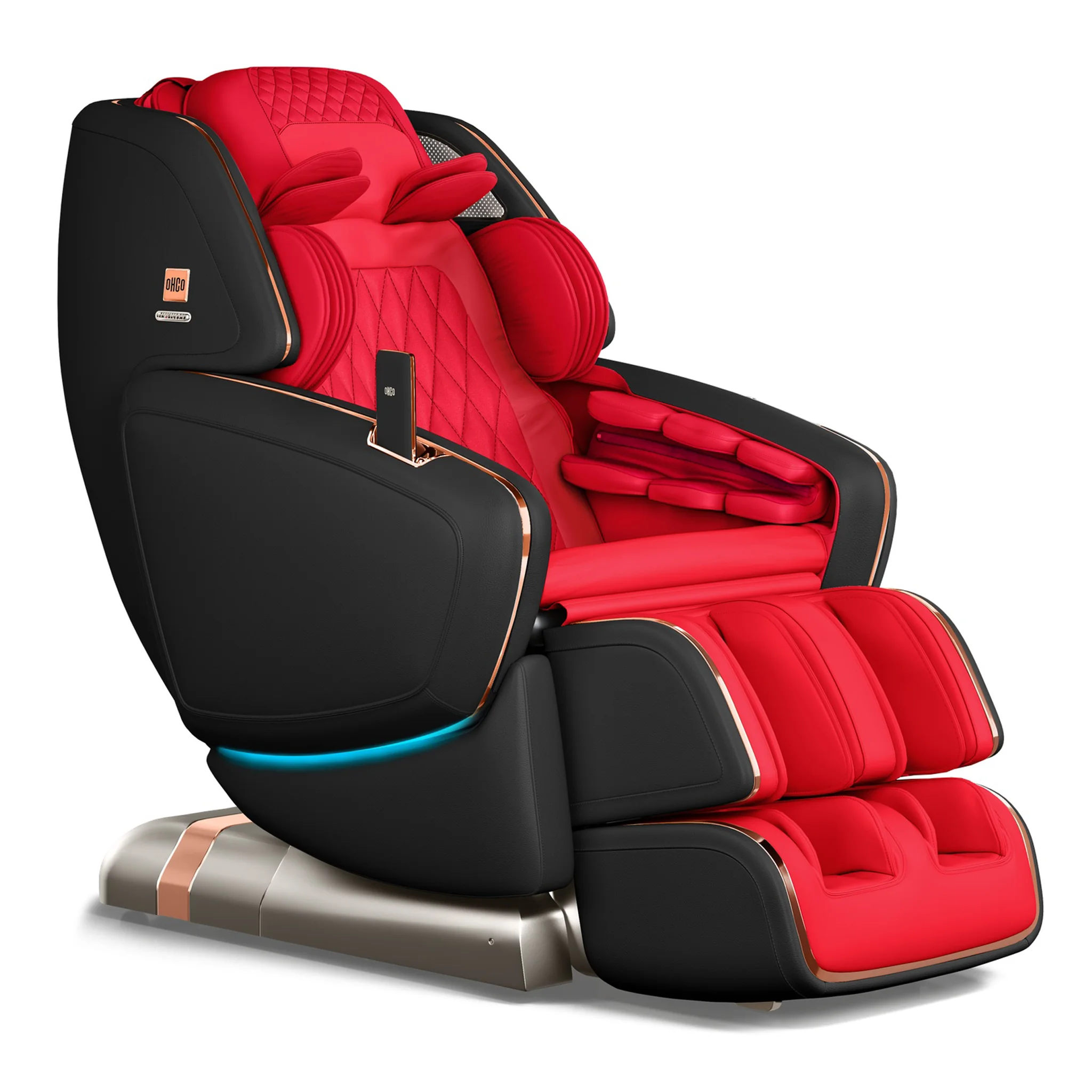 OHCO M8 NEO LE Rosso Nero zero gravity full body 4D heated massage chair shown upright at a 45-degree angle.