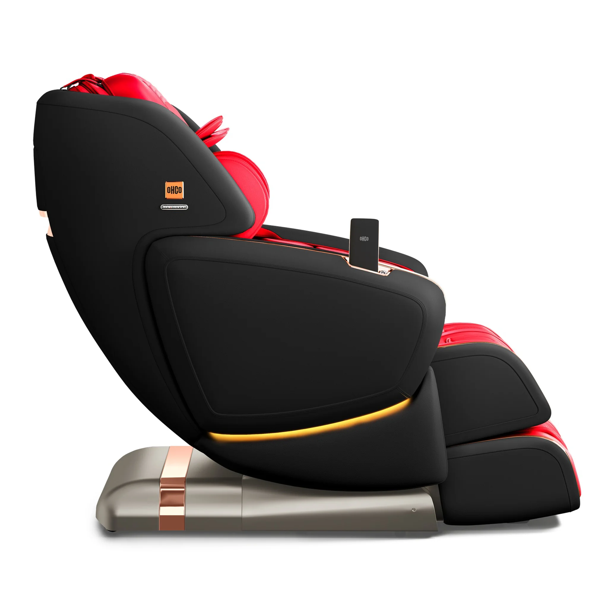 OHCO M8 NEO LE Rosso Nero zero gravity full body 4D heated massage chair shown upright from a 90-degree left profile.