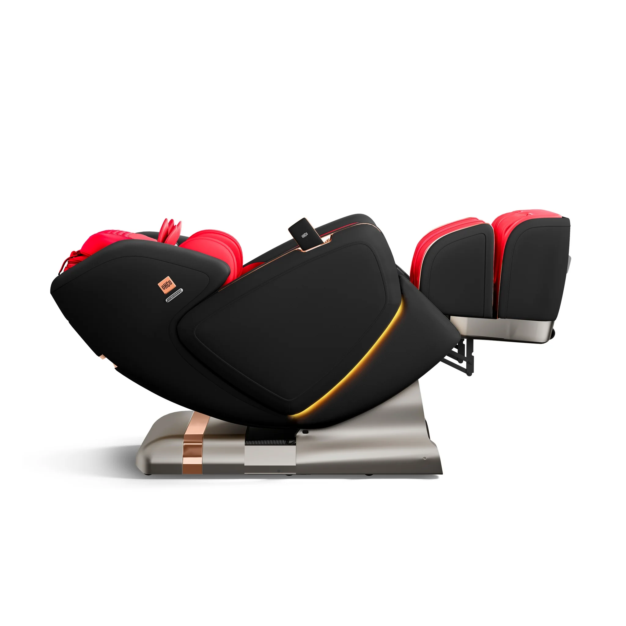 OHCO M8 NEO LE Rosso Nero zero gravity full body 4D heated massage chair shown upright from a 90-degree left profile (alternate view).
