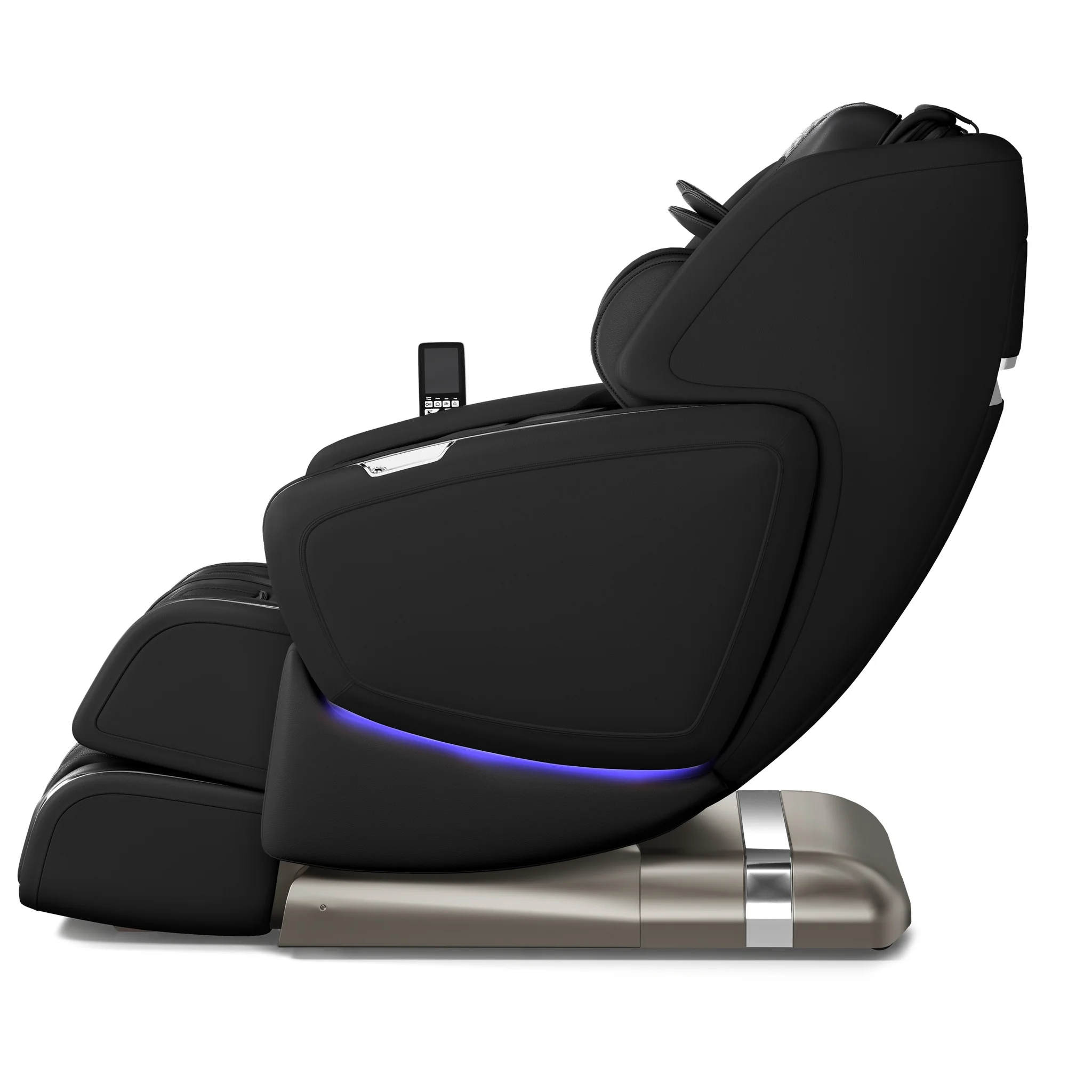 OHCO M8 NEO 미드나잇 제로 그래비티 전신 4D 온열 마사지 의자가 270도 우측 측면에서 똑바로 세워진 모습입니다.