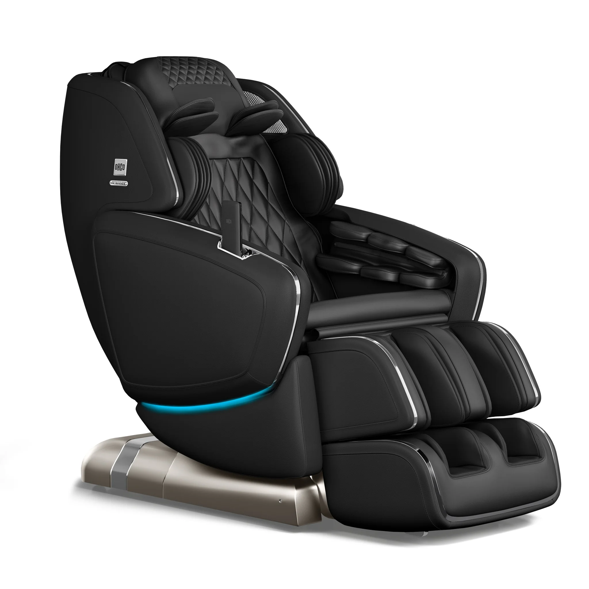 OHCO M8 NEO 미드나잇 제로 그래비티 전신 4D 온열 마사지 의자가 45도 각도로 똑바로 세워진 모습입니다.