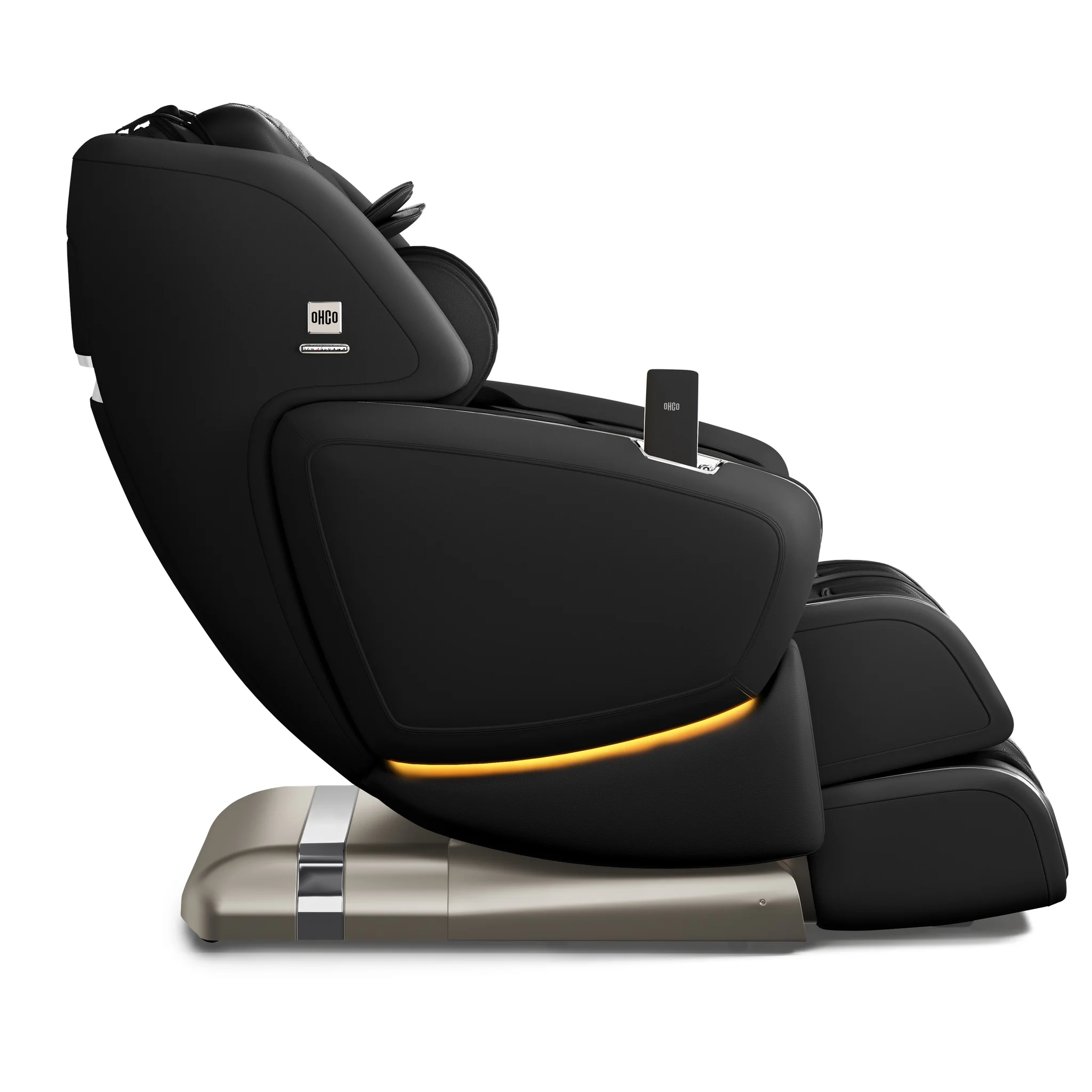 OHCO M8 NEO 미드나잇 제로 그래비티 전신 4D 온열 마사지 의자가 90도 좌측 측면에서 똑바로 세워진 모습입니다.